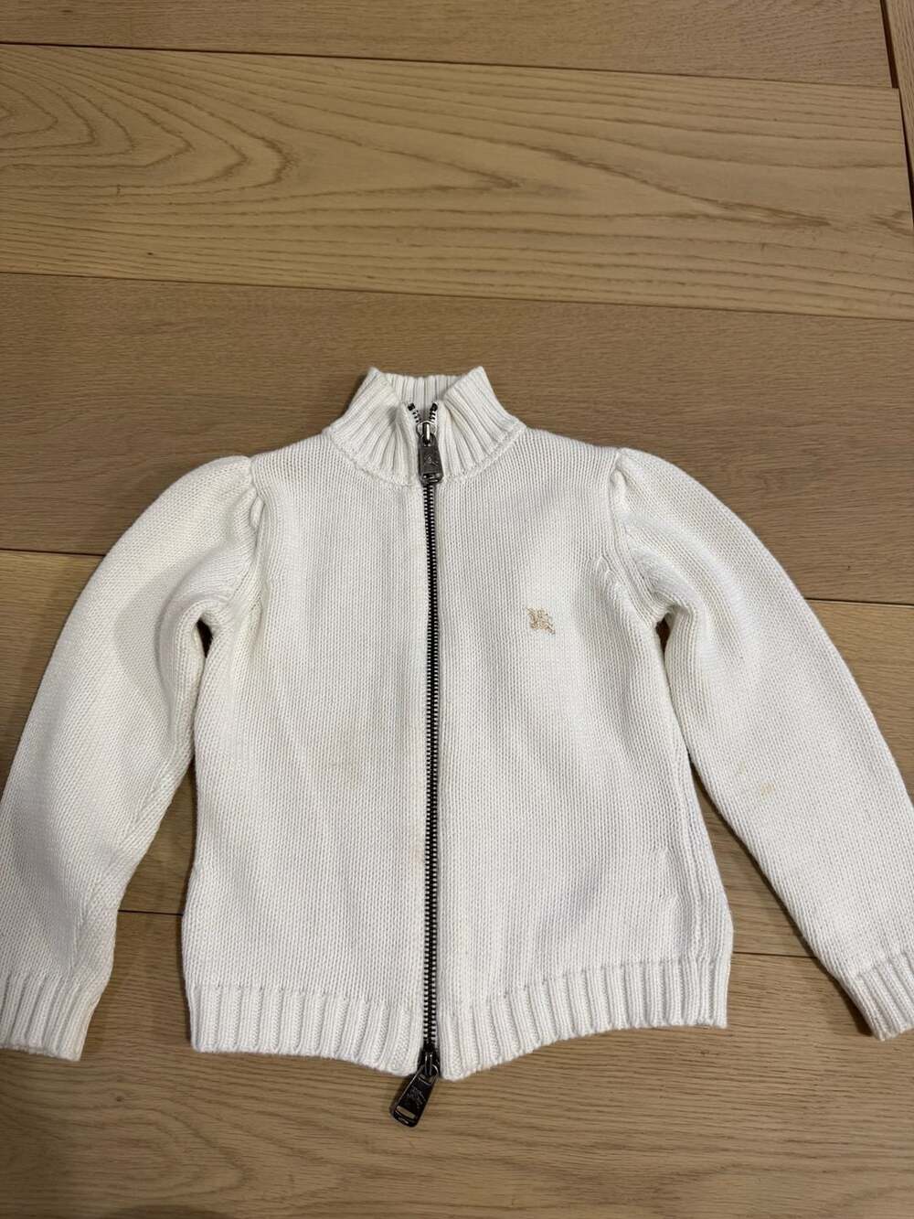 Burberry Girls White Ribbed Full-Zip Cardigan with Check Elbow Patches
